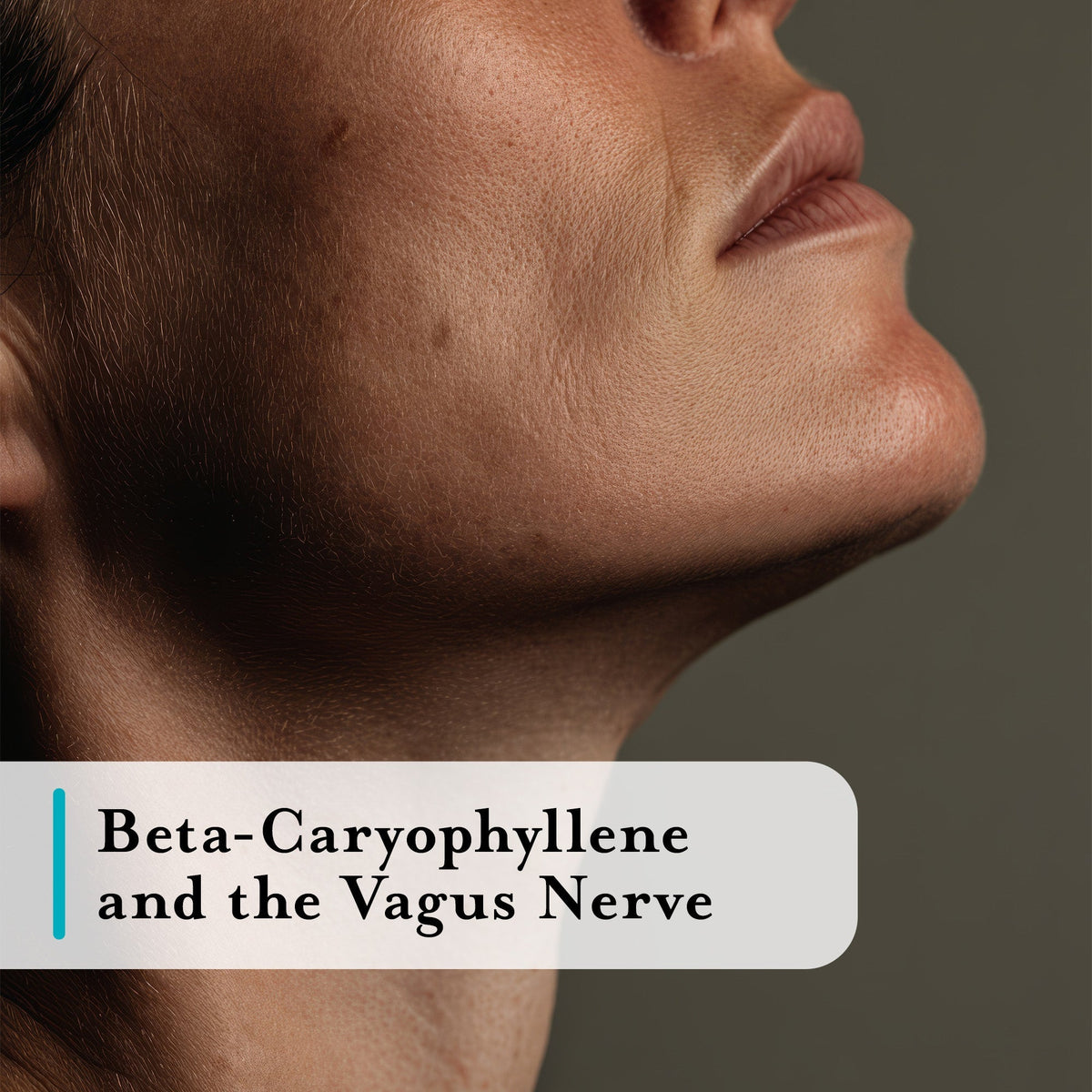 Close-up of a person's face and neck with a text overlay reading 'Beta-Caryophyllene and the Vagus Nerve' on a muted gray background.