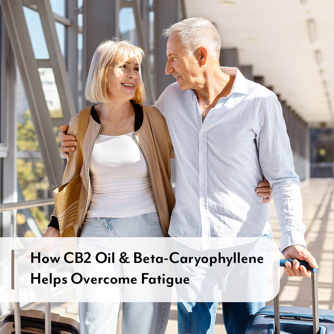 Senior couple walking together with a suitcase, text overlay about CB2 oil and beta-caryophyllene.