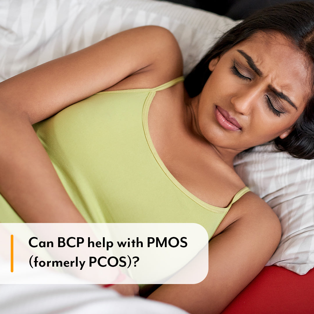 Woman in green tank top lying on a bed with text about BCP and PMOS.