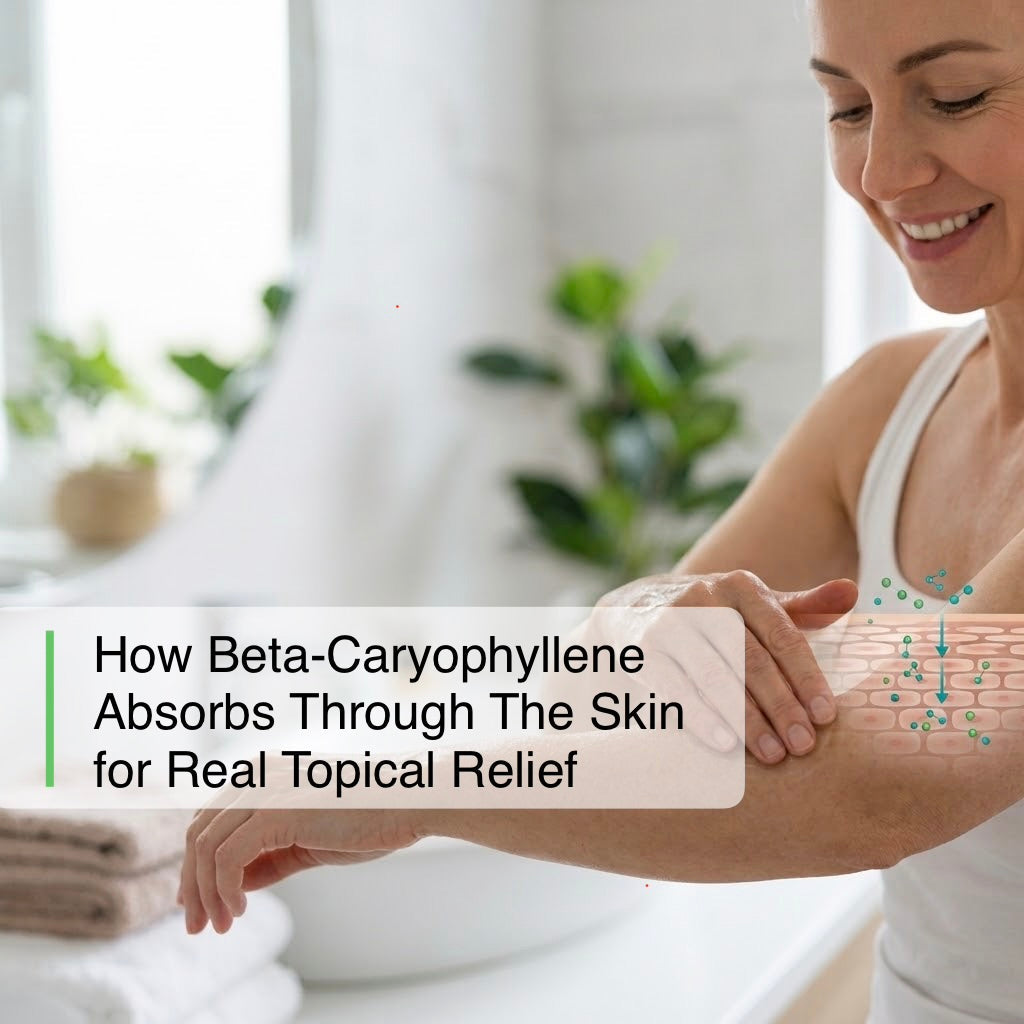 A woman in a white tank top applies a cream to her arm in a bright bathroom setting. A text overlay reads 'How Beta-Caryophyllene Absorbs Through The Skin for Real Topical Relief' with a skin absorption diagram on the right side.