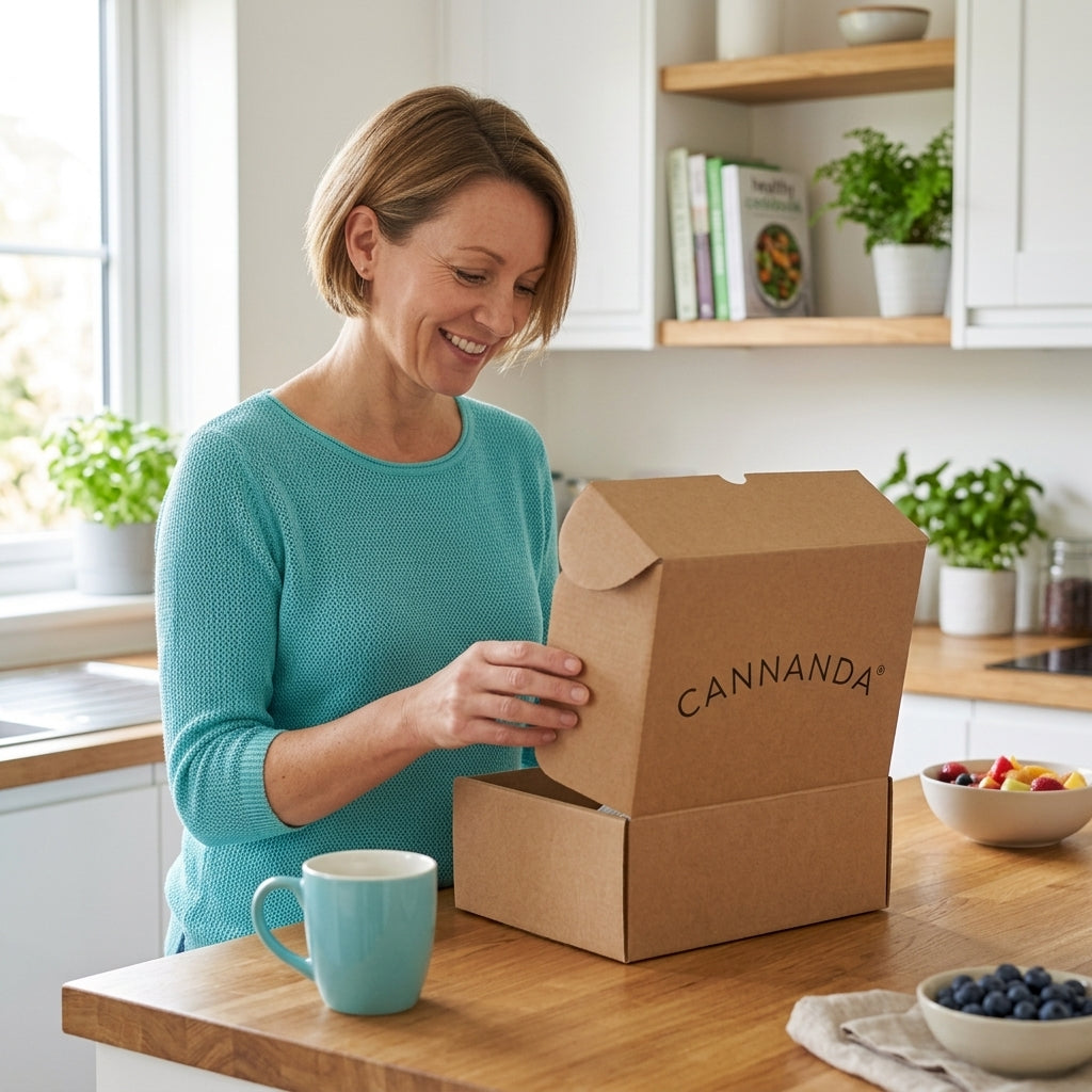 A woman in a teal sweater smiles while opening a brown cardboard Cannanda box on a wooden kitchen counter, with bowls of fruit and a mug nearby.