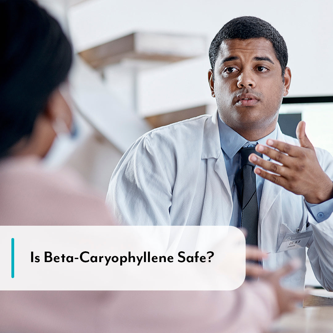Doctor in a white coat discussing with a patient in a medical setting, with text 'Is Beta-Caryophyllene Safe?'