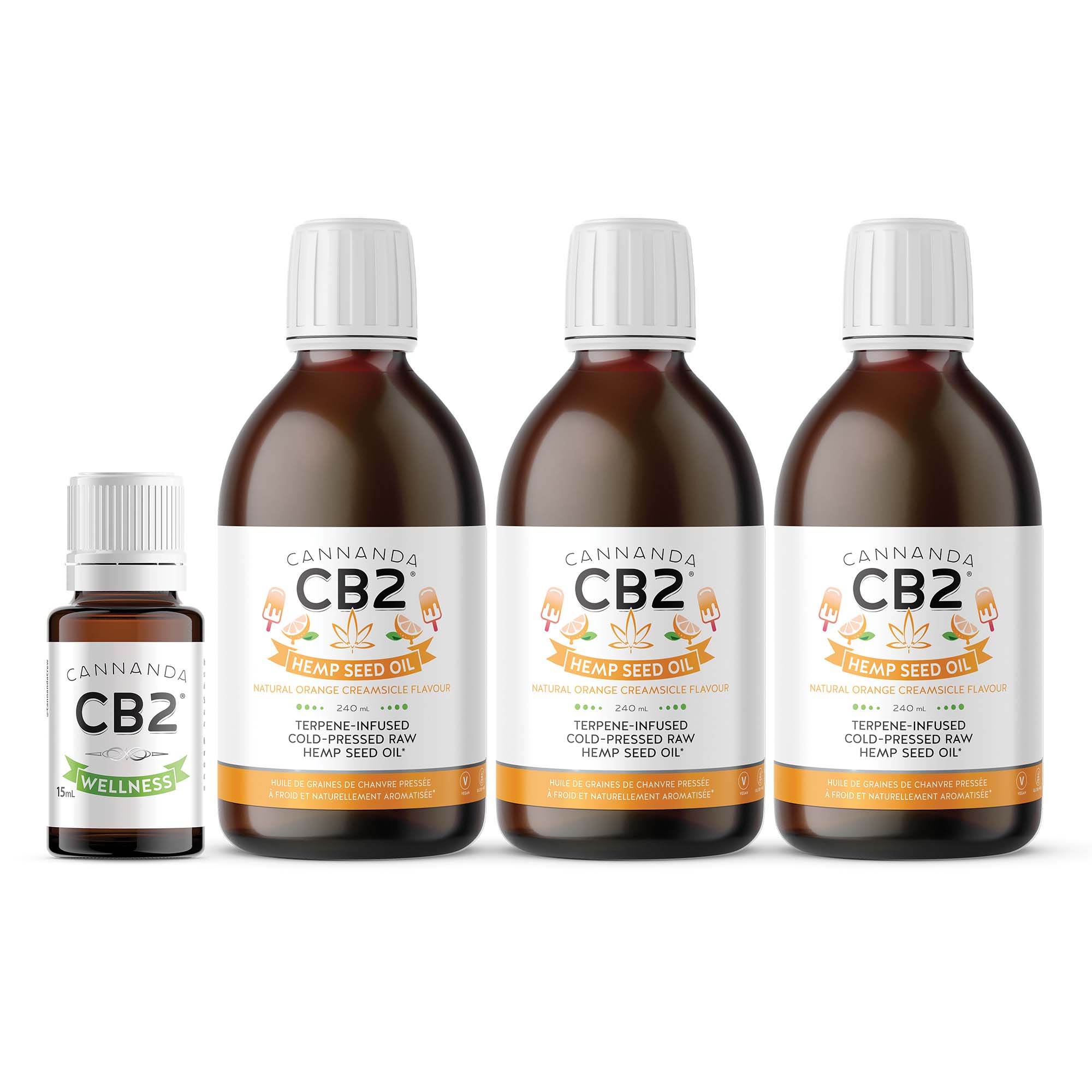 3 bottles of CB2 Hemp Seed Oil orange + CB2 Wellness 15mL