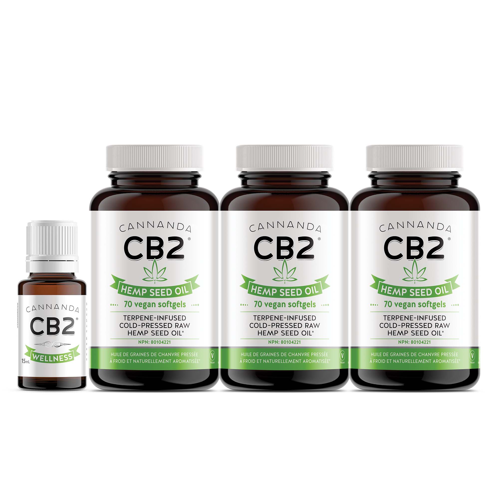 3 bottles of CB2 softgels + 15mL CB2 Wellness