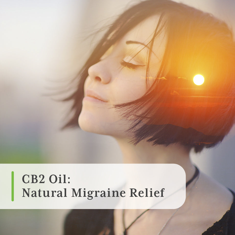 CB2 oil BCP for migraine relief with double exposure girl with sunrise