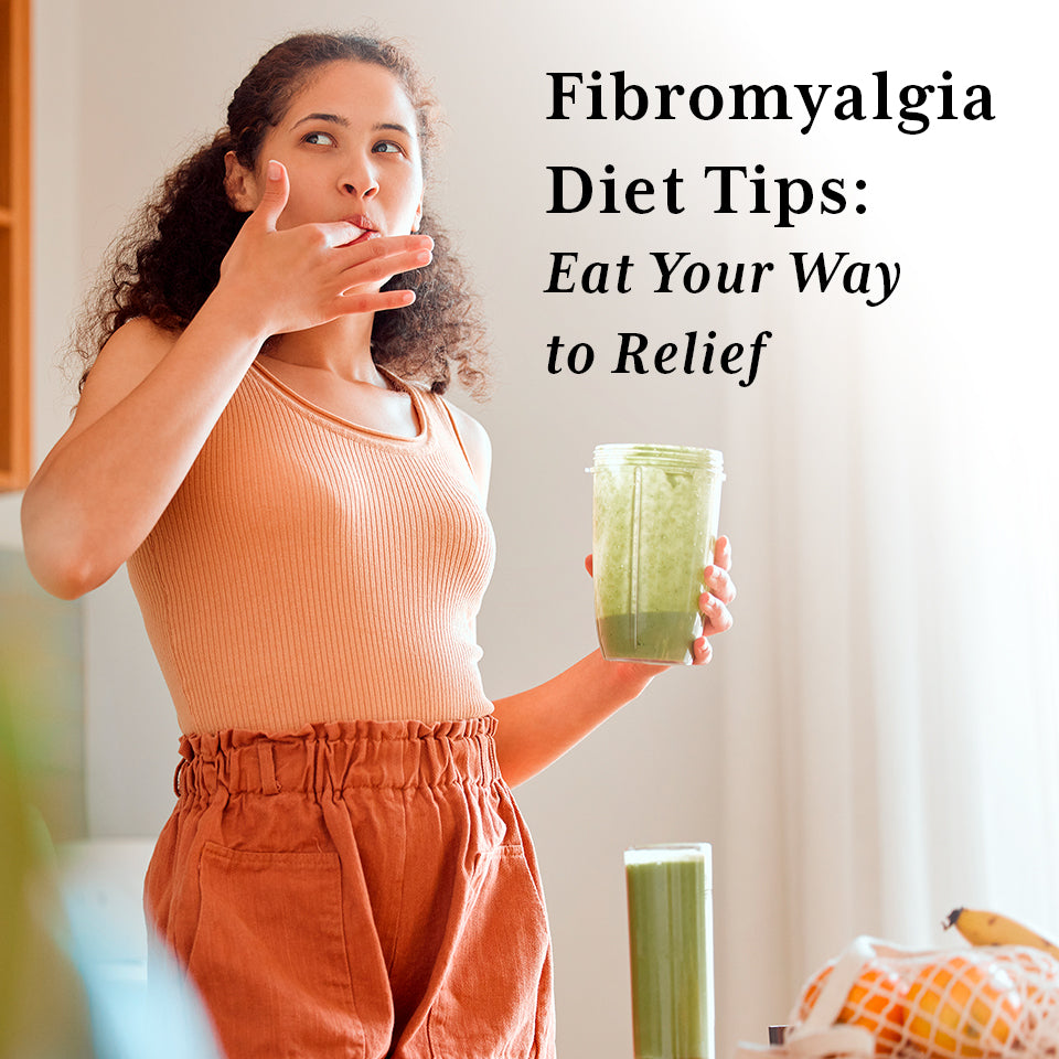 Woman licking finger, drinking green smoothie, fibromyalgia diet tips, and how CB2 oil beta-caryophyllene can help