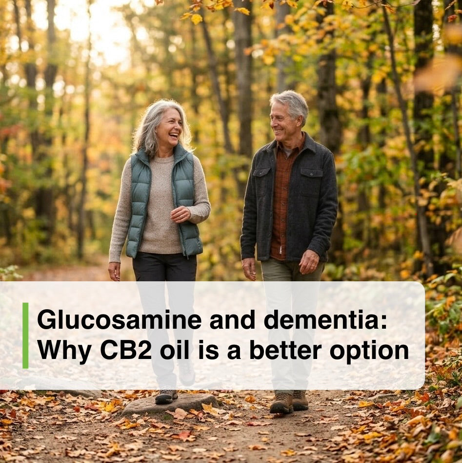 An older couple walk side-by-side down a trail in a forest. It is autumn, and the leaves are orange and yellow. The ground is covered with fallen leaves. Both are smiling. The sun is shining. Text: glucosamine and dementia: why CB2 oil is a better option