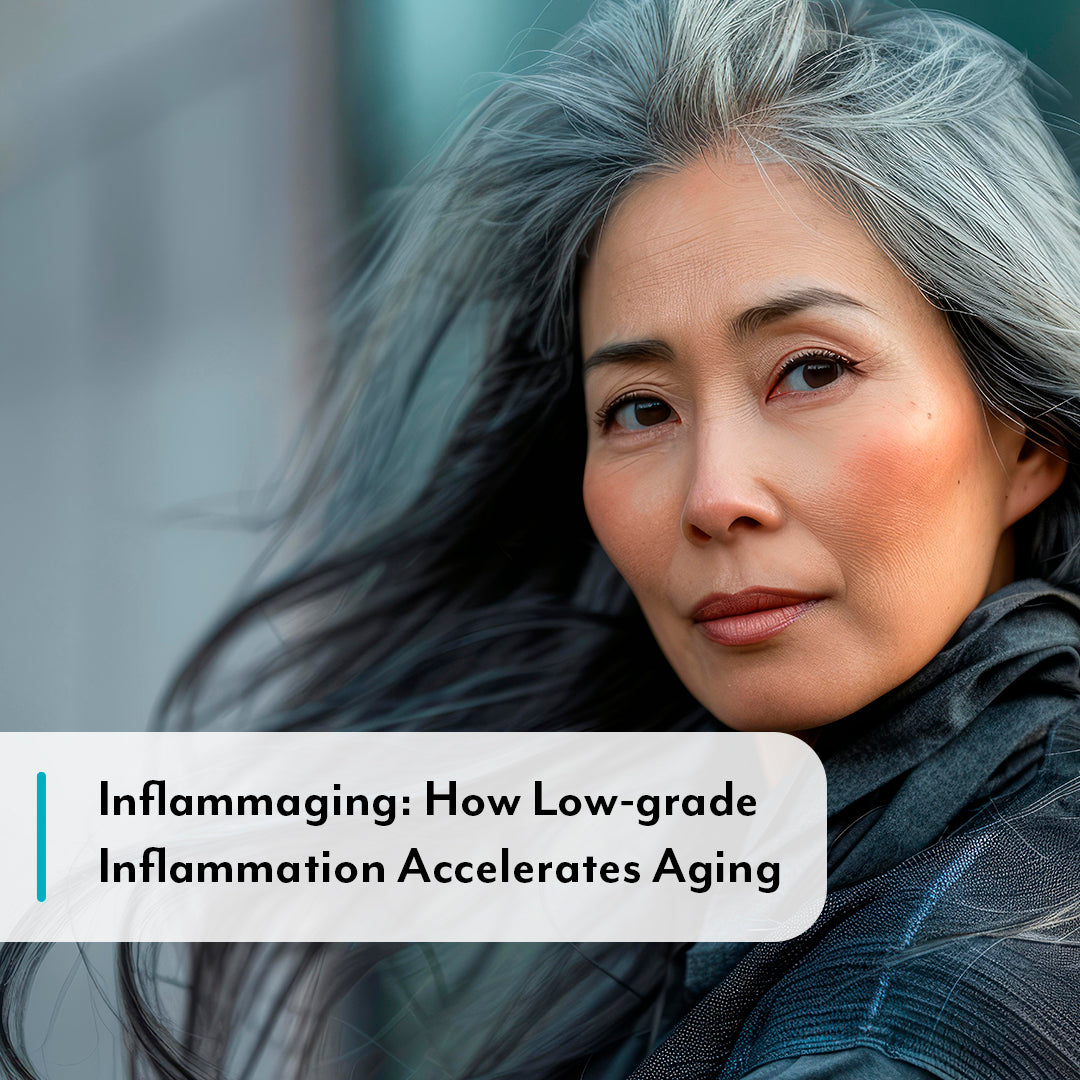 Woman with gray hair looking off to the side, with text overlay about low-grade inflammation and aging (for article on Cannnanda CB2 and BCP)