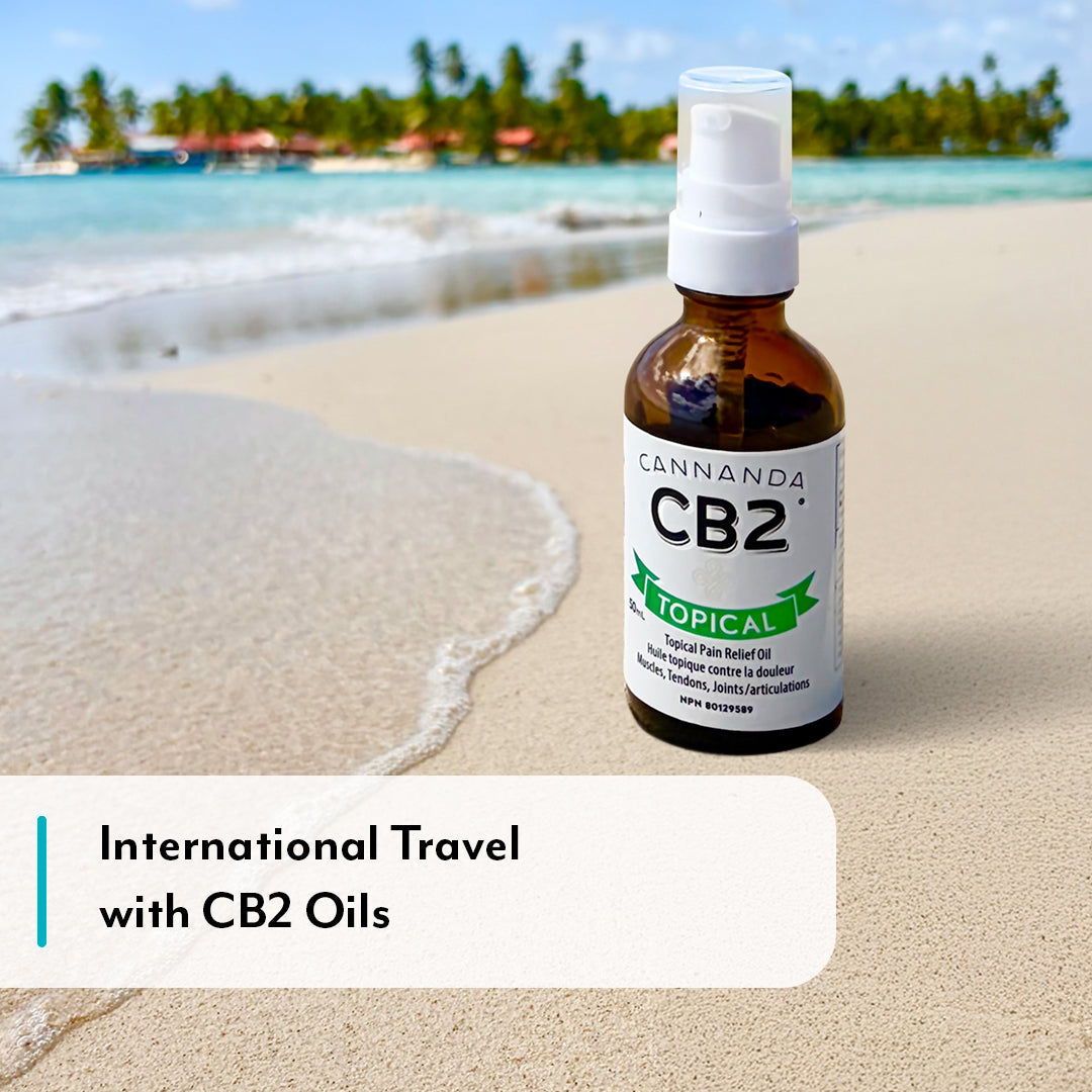 International travel with CB2 oils - bottle of Cannanda CB2 Topical on beach in Panama with island in background