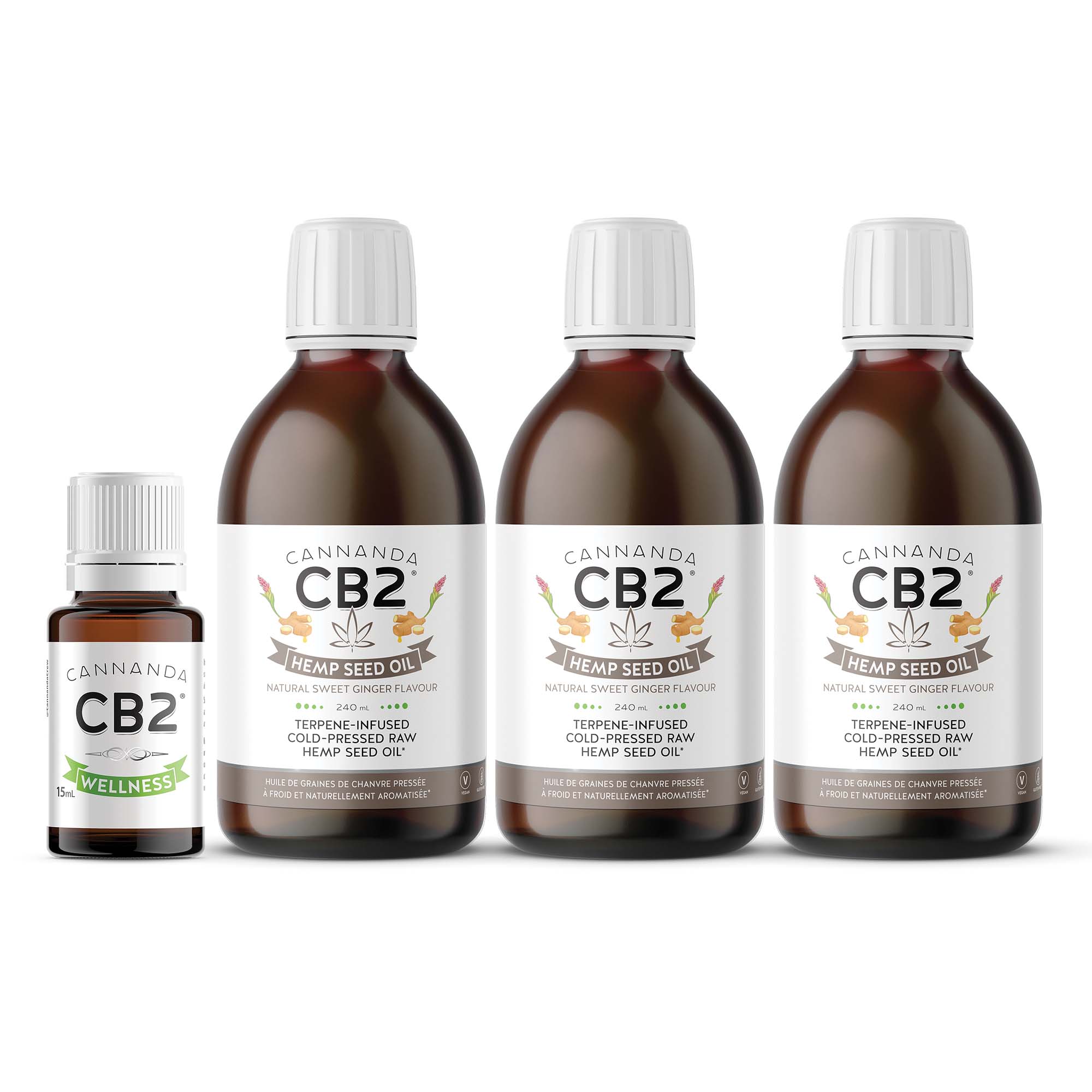 3 bottles of CB2 Hemp Seed Oil ginger + CB2 Wellness 15mL