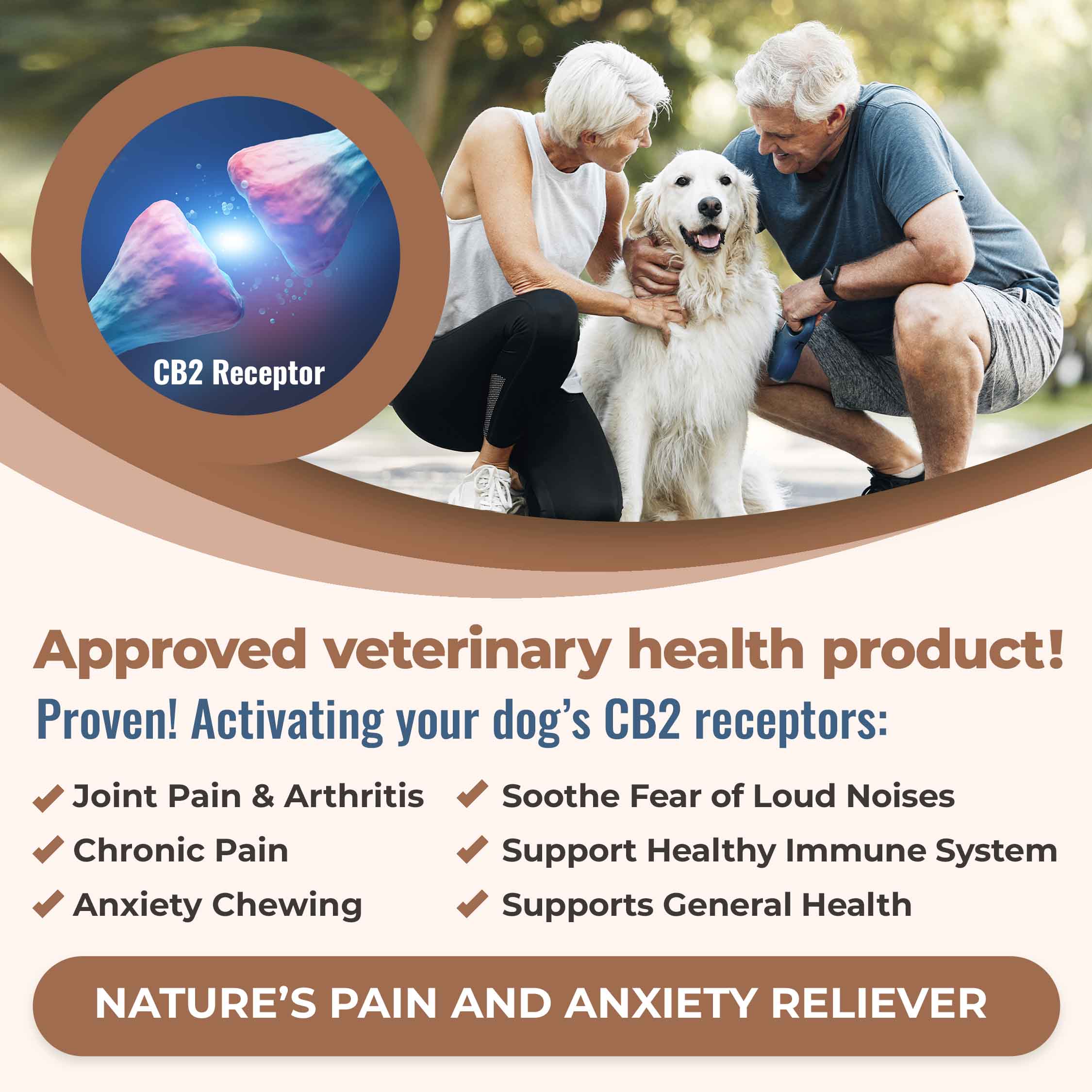 Approved veterinary health product! Activate your dog's CB2 receptors for joint pain and arthritis, chronic pain, anxiety chewing, soothe fear of loud noises, support healthy immune system, support general health.