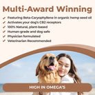 CB2 oil for dogs is multi-award-winning, featuring beta-caryophyllene in organic hemp seed oil, activates your dog's CB2 receptors, 100% natural plant-based, human-grade and dog-safe, physician-formulated. It's high in omega-3s