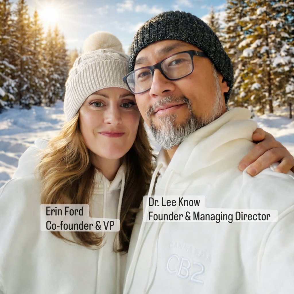 Dr Lee Know & Erin Ford the creators of CB2 oil with a winter background
