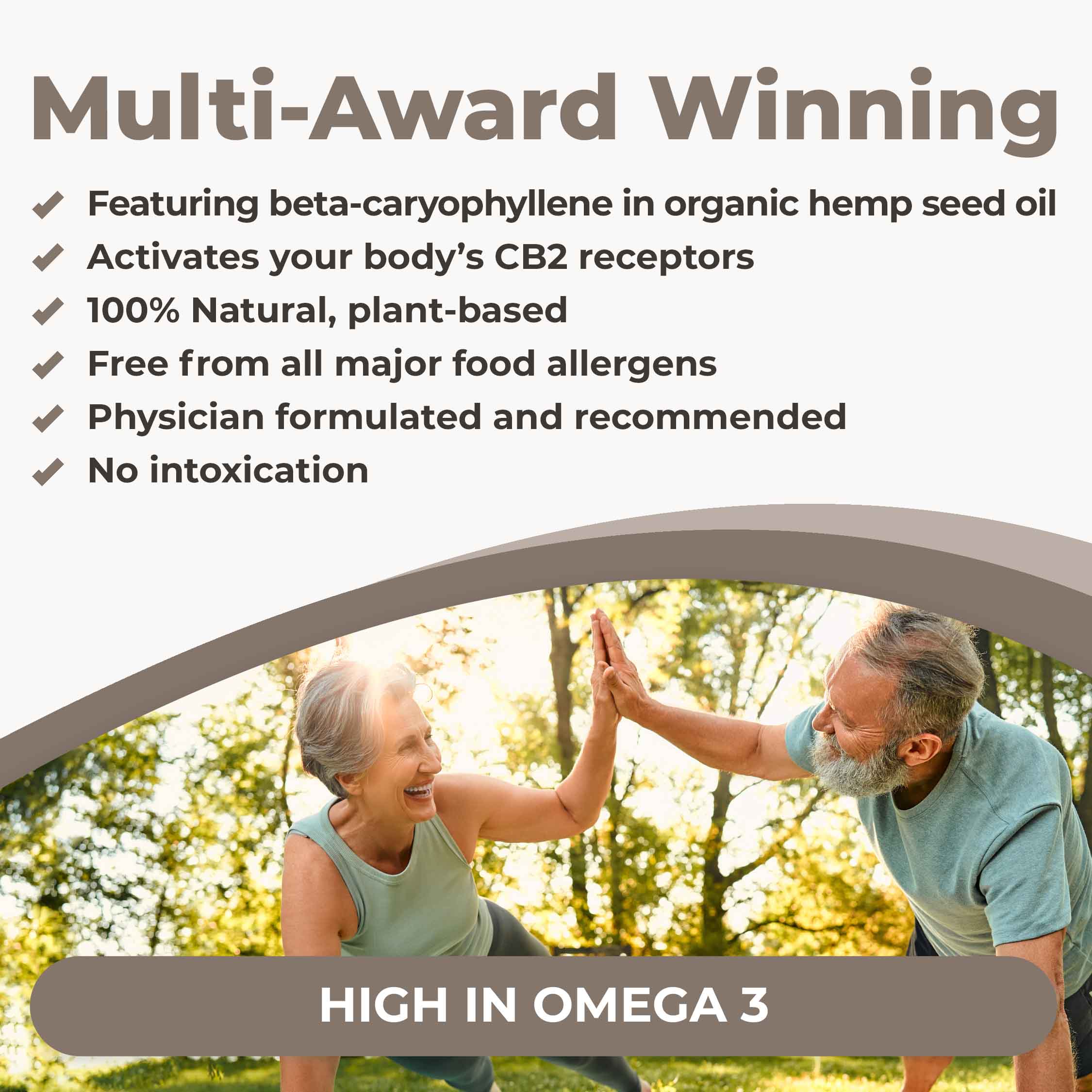 CB2 oil is a multi-award-winning natural health product, featuring beta-caryophyllene in organic hemp seed oil, activates your CB2 receptors, 100% natural plant-based, free from all major food allergens, physician-formulated and recommended, no intoxication. It's high in omega-3s