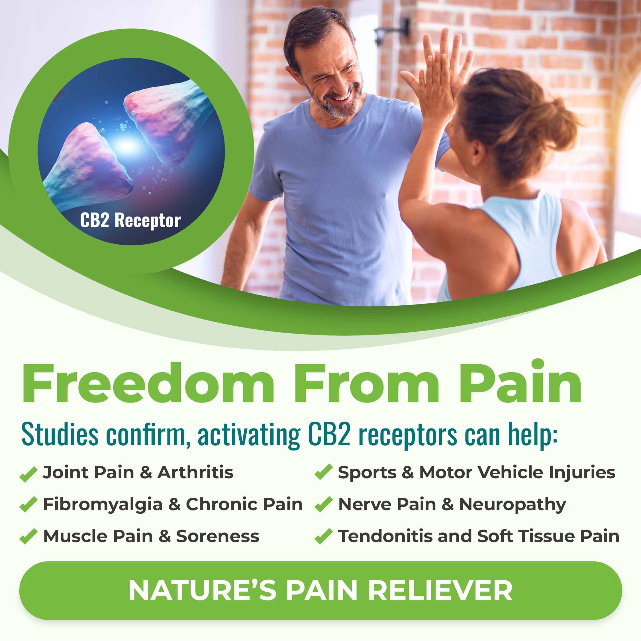Freedom from pain. Studies confirm that activating CB2 receptors can help: joint pain & arthritis, fibromyalgia and chronic pain, muscle pain and soreness, sports and motor vehicle injuries, nerve pain and neuropathy, tendonitis and soft tissue pain. Nature's pain reliever!