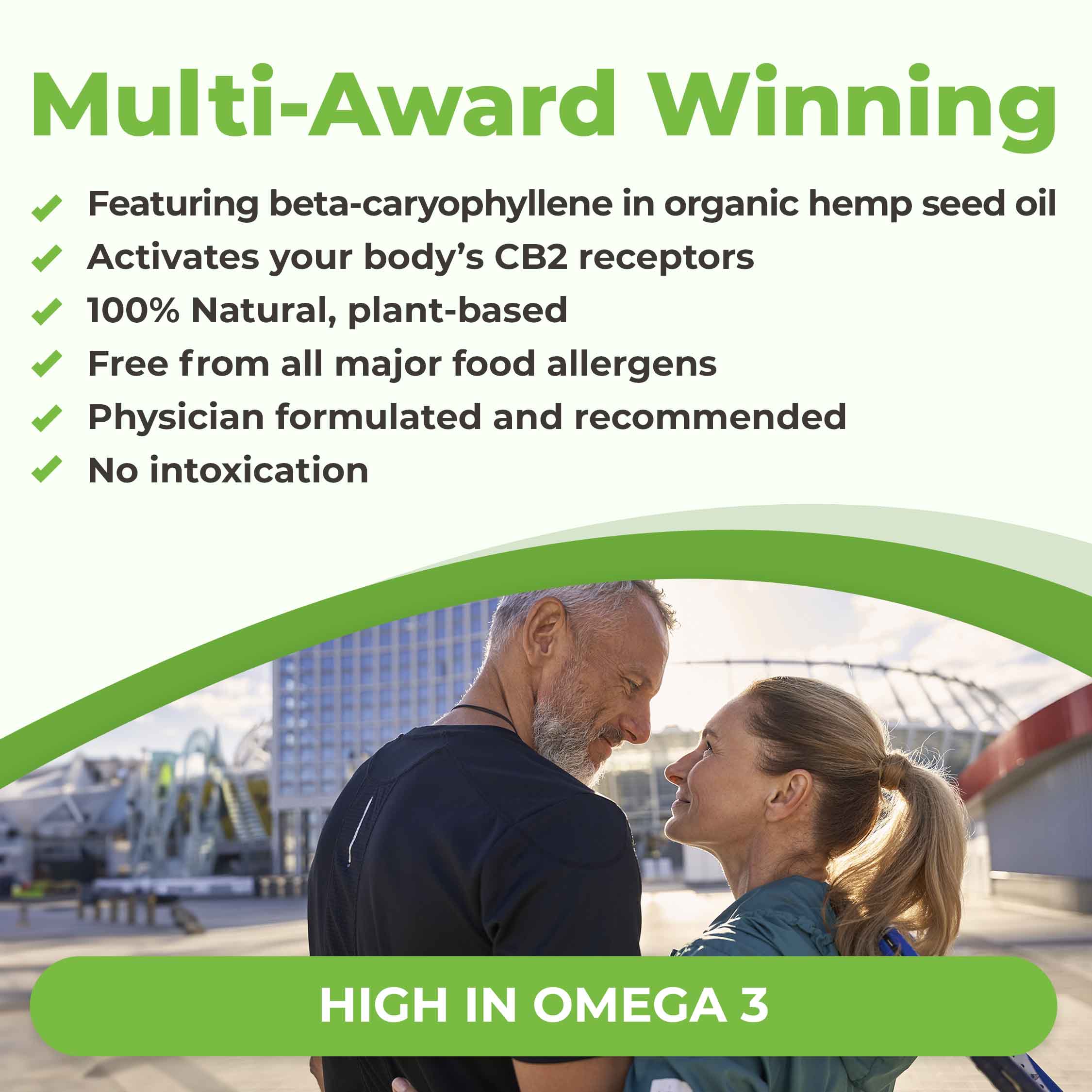 CB2 oil is a multi-award-winning natural health product, featuring beta-caryophyllene in organic hemp seed oil, activates your CB2 receptors, 100% natural plant-based, free from all major food allergens, physician-formulated and recommended, no intoxication. It's high in omega-3s