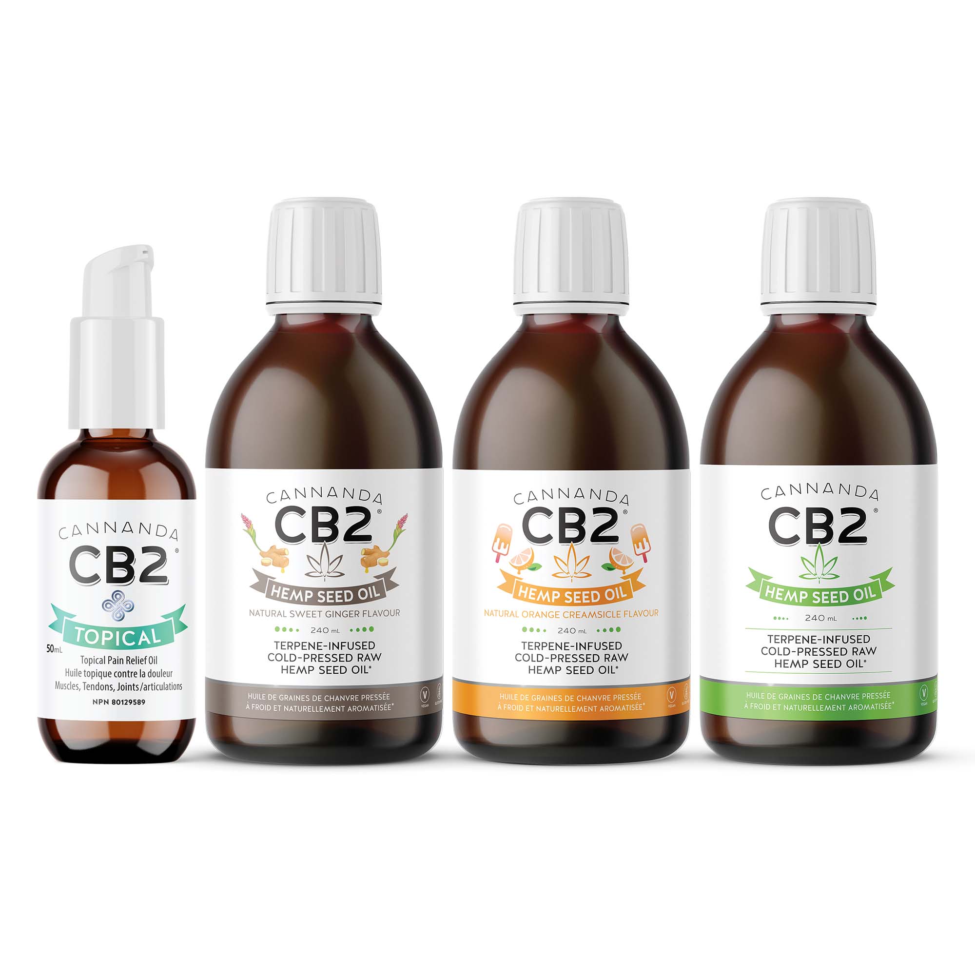 Each flavour of CB2 Hemp Seed Oil + CB2 Topical Oil